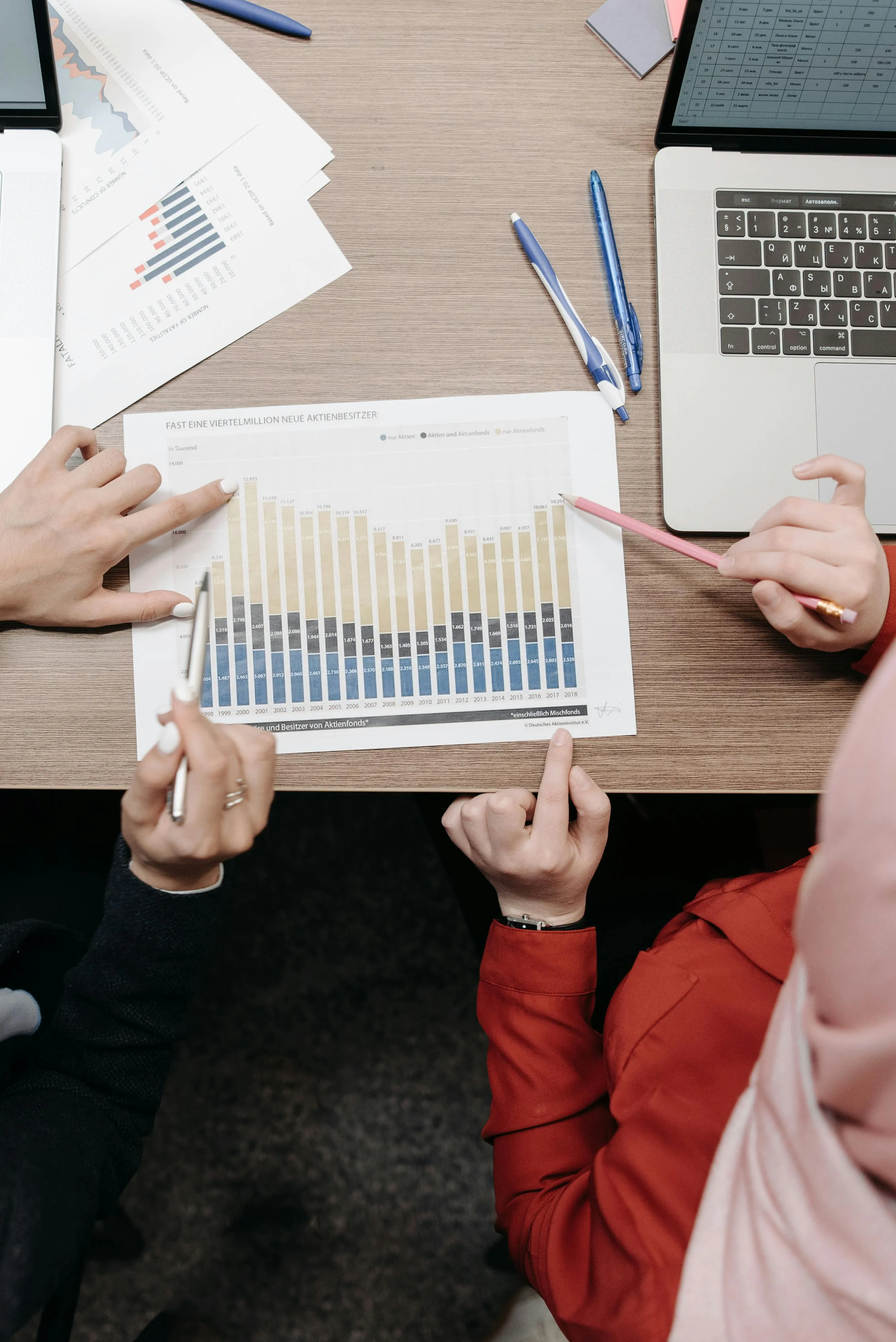 Two people reviewing their payroll and business metrics together